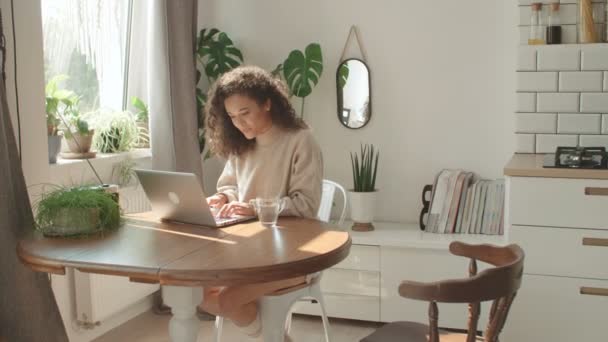 Charming Young Woman Typing Laptop Computer Kitchen — Stock Video