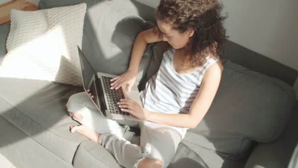 Mujer Bonita Que Relaja Sofá Usando Portátil Casa Sala Estar — Vídeo de stock