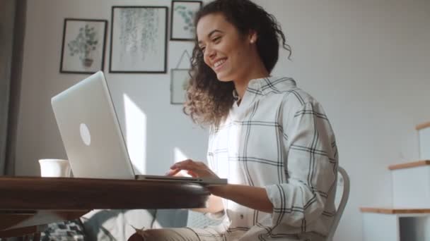 Charming Young Woman Typing Laptop Computer Home — Stock Video