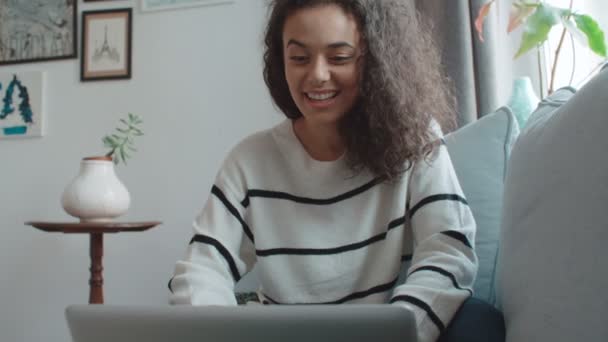 Ładna Kobieta Relaksujący Kanapie Przy Użyciu Swojego Laptopa Domu Salonie — Wideo stockowe