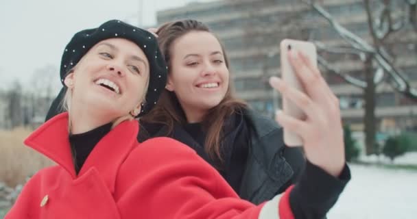 Close Portrait Two Young Cheerful Girls Having Fun Making Selfie — Stock Video