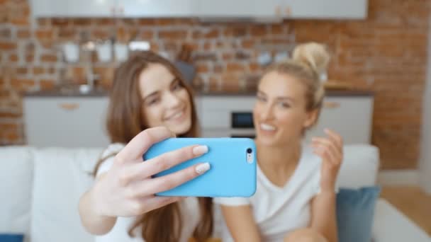 Two Young Girls Making Selfie Home — Stock Video