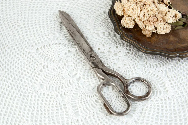 Eski vintage makas ve vintage metal plaka ile kuru gül beyaz tığ işi bardak altlığı peçete üzerinde. Cpace metin kopyalama.