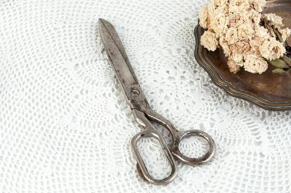 Eski vintage makas ve vintage metal plaka ile kuru gül beyaz tığ işi bardak altlığı peçete üzerinde. Cpace metin kopyalama.