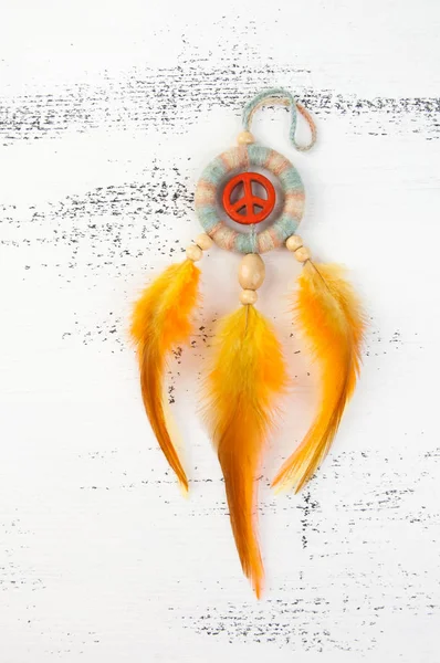 Bright Multi Colored Dreamcatcher Orange Peace Sign Orange Yellow Feathers — Stock Photo, Image