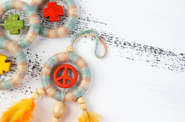 Bright Multi Colored Dreamcatcher Orange Peace Sign Orange Yellow Feathers — Stock Photo, Image