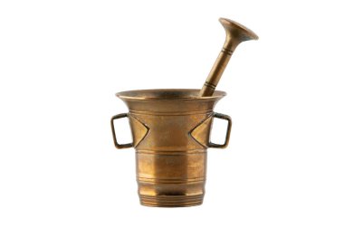 Vintage bronz harç iki tanıtıcı ve beyaz arka plan üzerinde izole havaneli ile