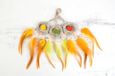 Parlak çok rüya yakalayıcı haçlar ve turuncu sarı tüyleri beyaz eski püskü ahşap arka plan üzerinde renkli. Metin için yer kopyalayın.