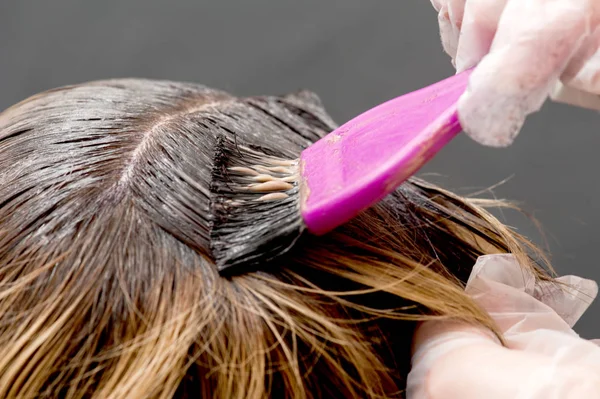 Een Radicale Verandering Van Haarkleur Blonde Vrouw Master Zet Verf — Stockfoto