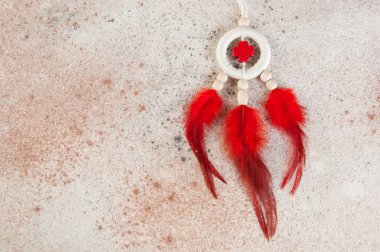 Parlak Rüya yakalayıcı crosse ve kırmızı tüylü bir beton zemin üzerine. Metin için yer kopyalayın.