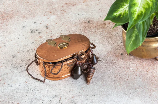 Vintage copper box with jewelry and dieffenbachia in old brass flower pot on concrete background. Copy space for text.