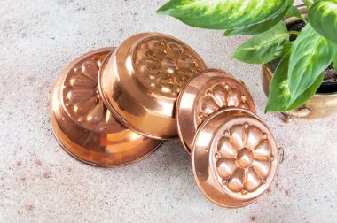 Vintage bakır kek kalıpları ve beton zemin üzerine yeşil bitkiler. Metin için yer kopyalayın