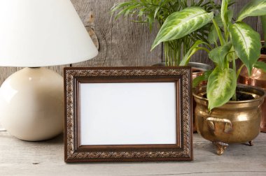 Boş kahverengi resim çerçevesi, yeşil bitkiler ve masa lambası eski ahşap gri dokulu arka plan üzerinde. Metin için ev dekorasyonu ve kopya yer.  