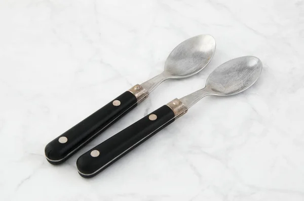 Silver Black Tea Spoons White Gray Background Copy Space Text — Stock Photo, Image