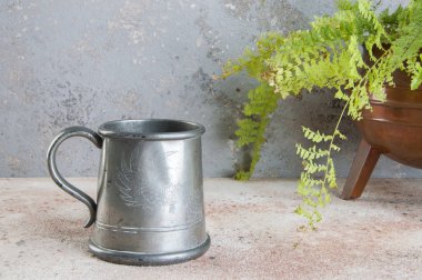 Vintage kalaylı bira bardağı ve yeşil bitki