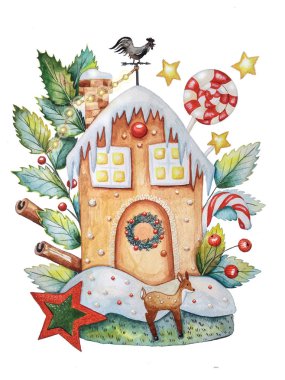 Gingerbread house, Holly, yıldız ve lolipop dekore edilmiş dalları suluboya çizimi