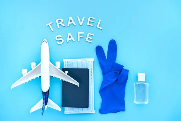 Travel after pandemic, concept. Travel safe after coronavirus. Creative flat lay safety travel concept.