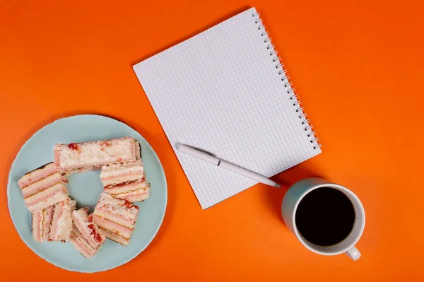 the cake with a cup of coffee, morning notes