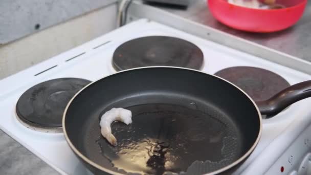 Vrouw die viscocktail in een pan doet — Stockvideo