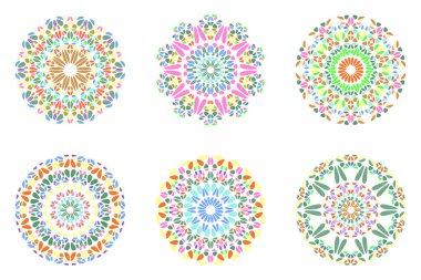 Süslü renkli yuvarlak çiçek mandala sembol seti