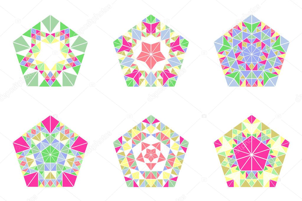 Ornament pentagon logo template set - abstract polygonal colorful geometric geometrical ornamental vector design elements from mosaic triangles