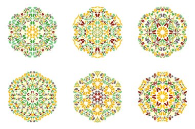 Yuvarlak süslü renkli geometrik botanik mandala sembol seti