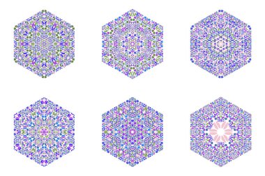 İzole süslü çiçek mozaik altıgen logo şablon seti