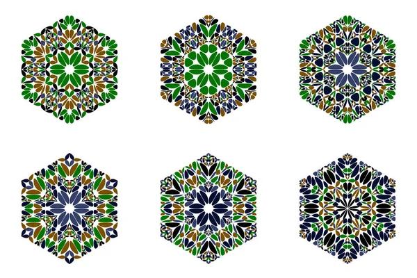 Ornate geométrico colorido ornamento floral hexágono conjunto de polígono — Vetor de Stock