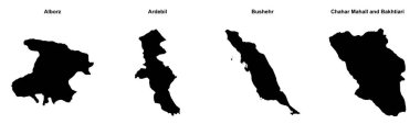 Alborz, Ardebil, Bushehr, Chahar Mahall ve Bakhtiari ana hatları haritaları