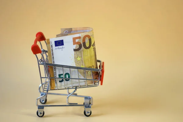 50 Euro stilize edilmiş bir alışveriş arabasında. Mevsimlik indirimler ve satışlar kavramı. Ev bütçenizi planlamak, temel mallara harcamak