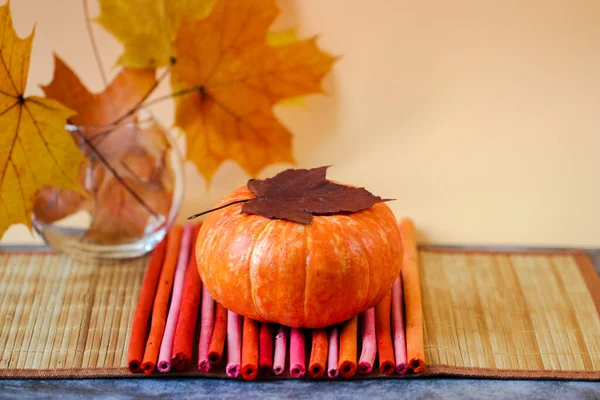 Ripe Orange Pumpkin Wooden Base Decorated Autumn Maple Leaves Colorful — Stock Photo, Image