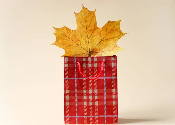 Paper shopping bag and maple leaf on a light background. Concept of autumn and seasonal discounts and sales. Autumn sale. Free space for copying