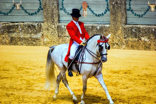 Ronda Spanien September 2015 Man Utför Stunt Vit Häst Feria — Stockfoto