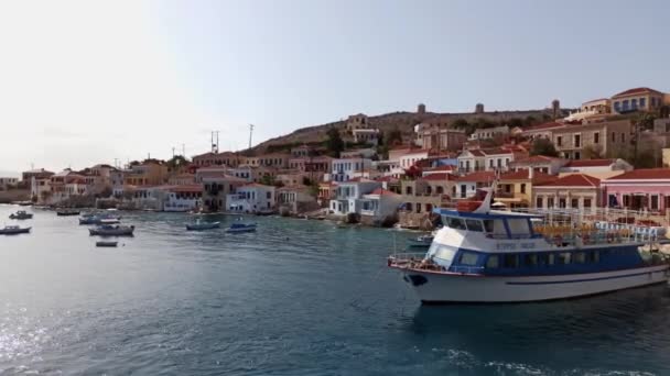 Rhodes Greece Pan Shot Emboria Harbour Traditional Beautiful Multicolored House — стокове відео