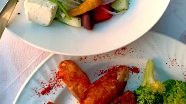 Rhodes Greece Greek Cuisine Lemon Fried Potato Cooked Broccoli Fish — Stock Video
