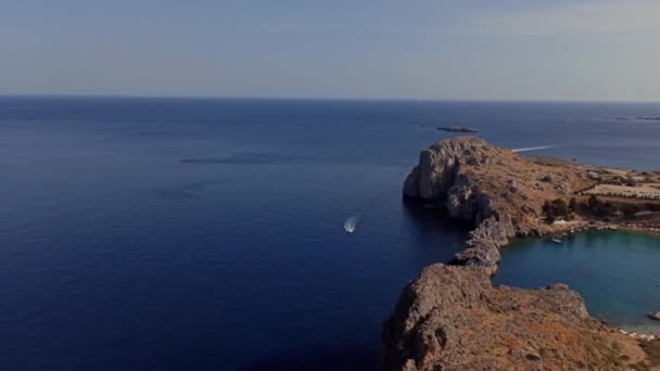 Rhodes Greece Aerial Drone Shot Natural Happed Lagoon Lindos Town — стокове відео