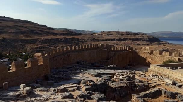 Rhodes Greece Wide Angle Pan Shot Ruins Ancient Citadel Acropolis — стоковое видео