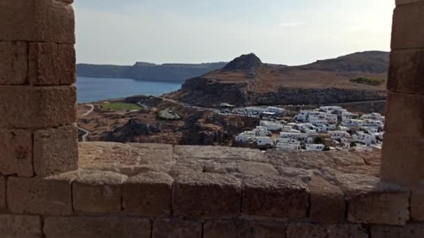 Rhodes Grécia Vista Aérea Casas Brancas Situadas Cidade Lindos Topo — Vídeo de Stock