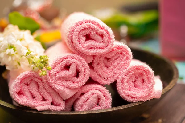 Pink spa accessories, towels