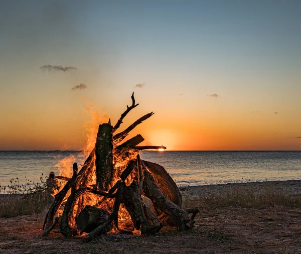 Kampvuur Het Strand Bij Zonsondergang — Stockfoto