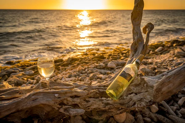 Glas Und Flasche Wein Auf Abgestorbenem Getrockneten Baum Bei Sonnenuntergang — Stockfoto