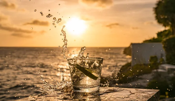 Der Sonnenuntergang Über Dem Meer Auf Curacao Mit Getränken — Stockfoto