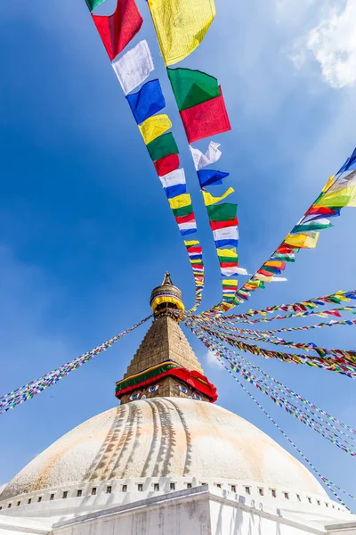 The Buddhist Stupa of Boudha and Prayer flags  Kathmandu Nepal Asia