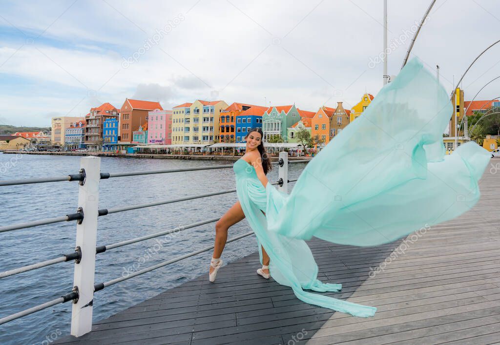 Walking on the floating bridge - beautiful view of a typical tropical island in Curacao