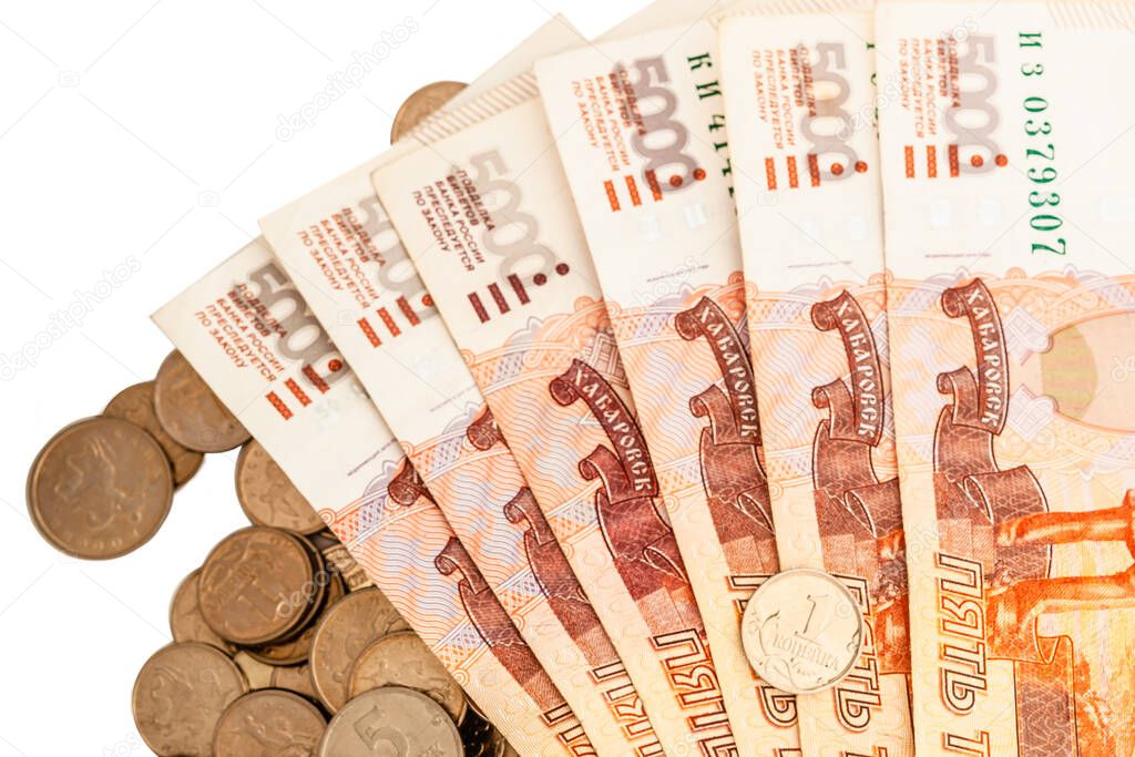 Russian money coins and banknotes, rubles and pennies 2020