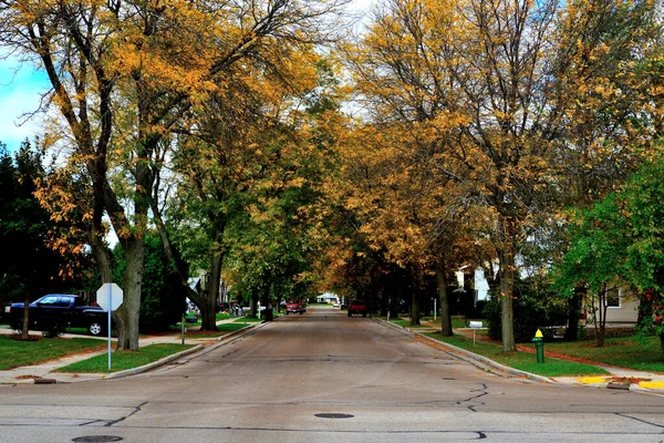 Een Straat Het Zuidoosten Van Wisconsin Een Oktober Middag Met Rechtenvrije Stockafbeeldingen