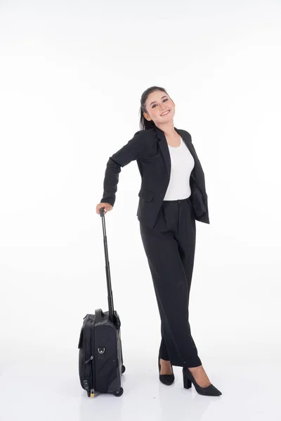 Geschäftsfrau Auf Geschäftsreise Mit Isoliertem Gepäck Auf Weißem Hintergrund Geeignet — Stockfoto