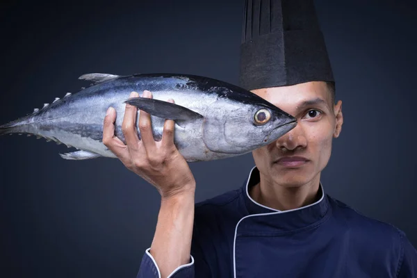 Portrait Asian Executive Chef His Blue Uniform Black Apron Black — Stock Photo, Image