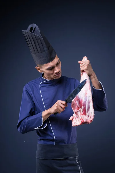 Portrait Asian Executive Chef His Blue Uniform Black Apron Black — Stock Photo, Image