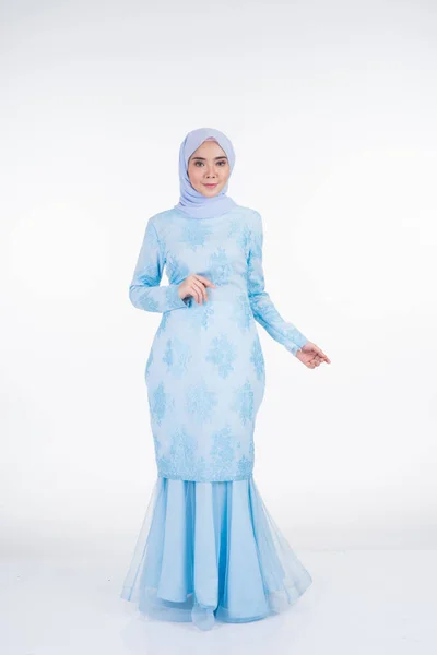 Attractive Muslim Female Model Wearing Pastel Blue Modern Kurung Hijab — Stock Photo, Image